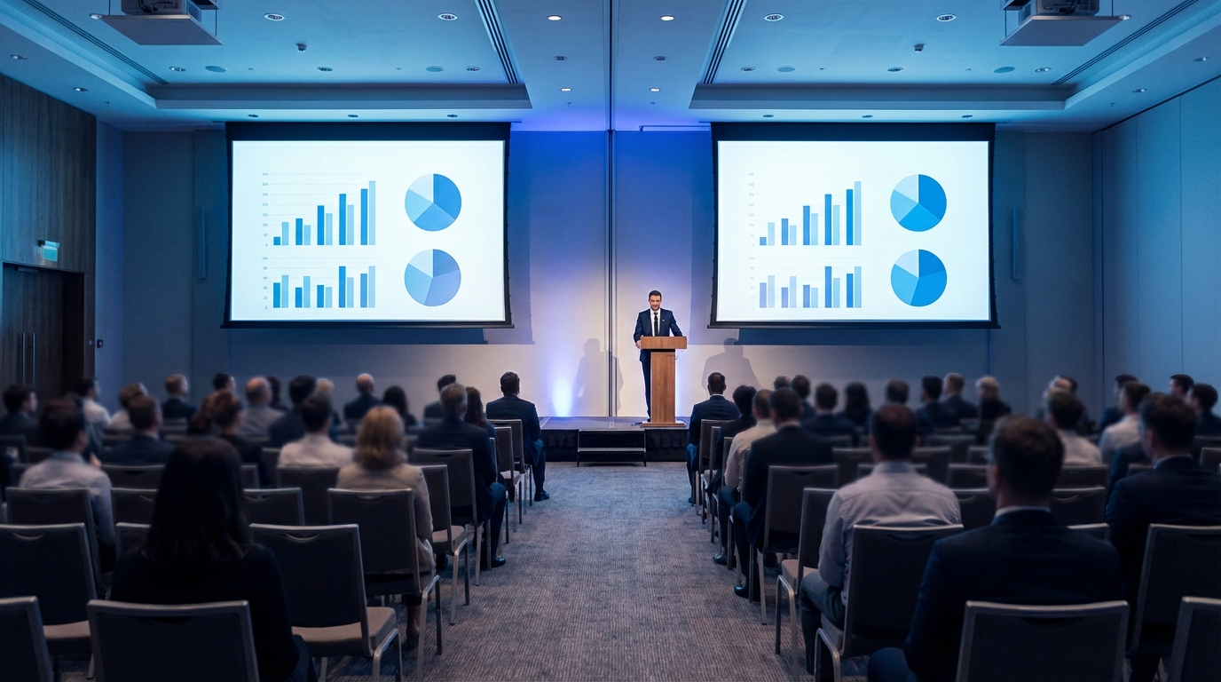 A large corporate general session with professional AV equipment including screens, lighting, and sound systems