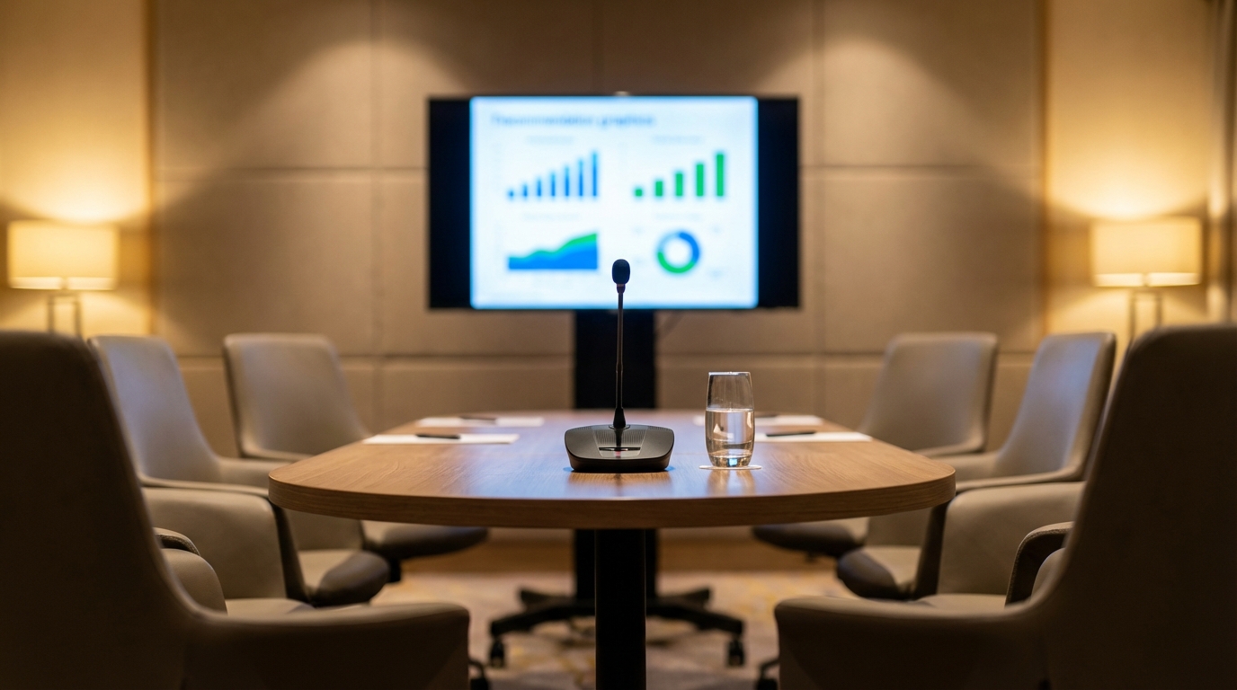 A corporate breakout room with AV equipment being set up for a conference session